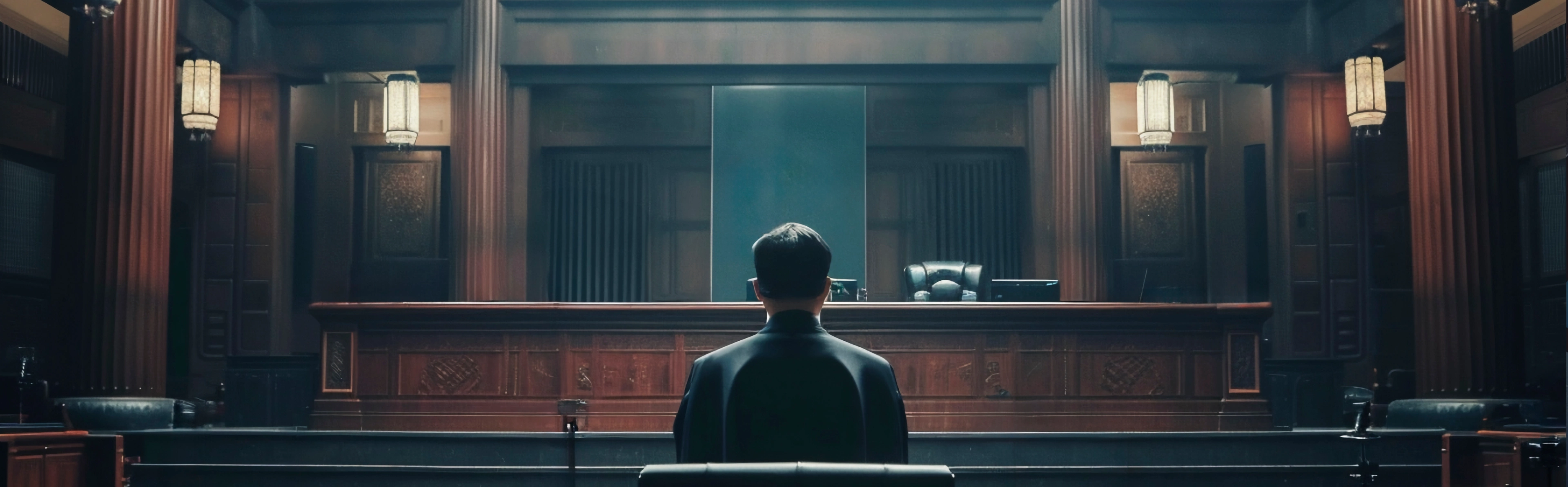 Man in dark suit sitting alone in empty courtroom facing judge's bench and chair.