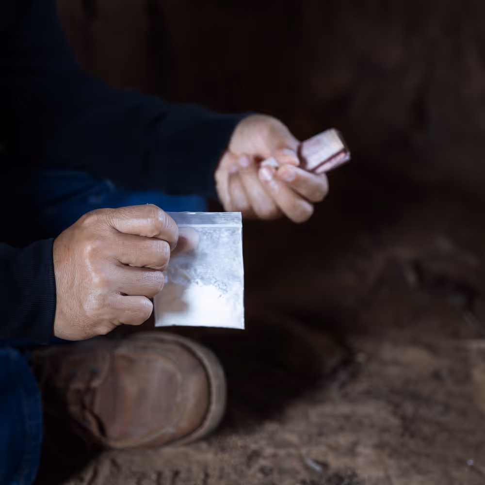 Person holding a small plastic bag with white powder and a folded bill in dim light.