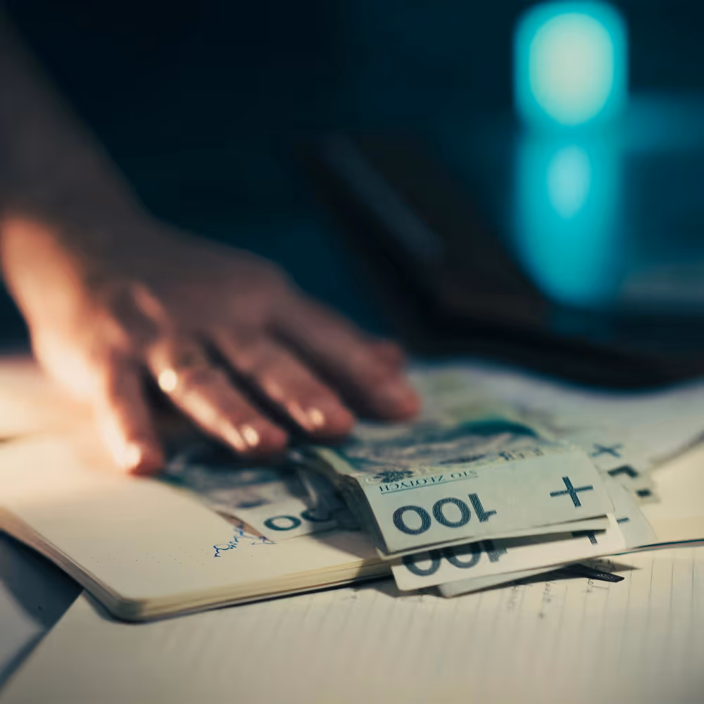 Hand touching a stack of 100 denomination bills on open notebooks with a blurred teal light in background.