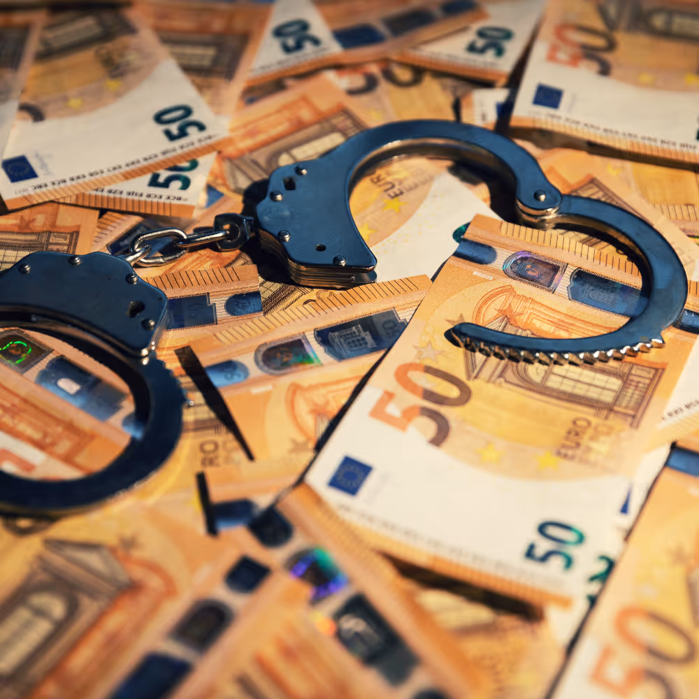 Open metal handcuffs lying on scattered 50 euro banknotes.