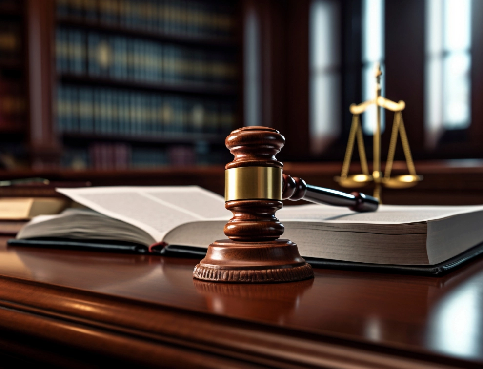 Wooden gavel on a desk in front of an open law book with a blurred scale of justice in background.